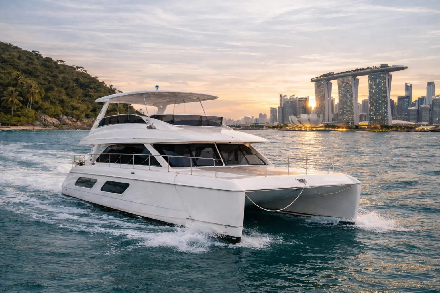 The 2020 Aquila 48 Power Catamaran – Cruising past the Marina Bay skyline – Avelis Yachts Singapore