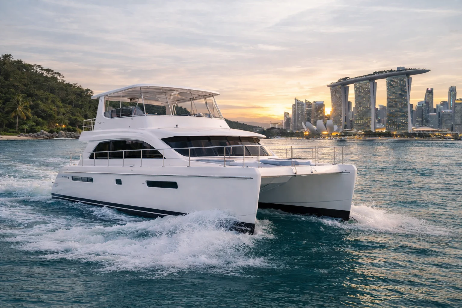 The Megaway 45 Power Catamaran – Cruising past the Marina Bay skyline at sunset – Avelis Yachts Singapore