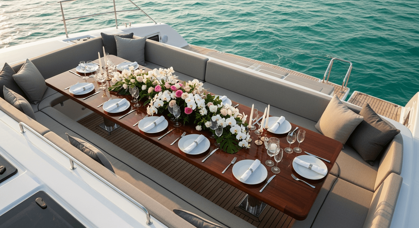 Birthday Yacht Charter in Singapore – Aft deck table dressed with flowers for a celebration – Avelis Yachts Singapore