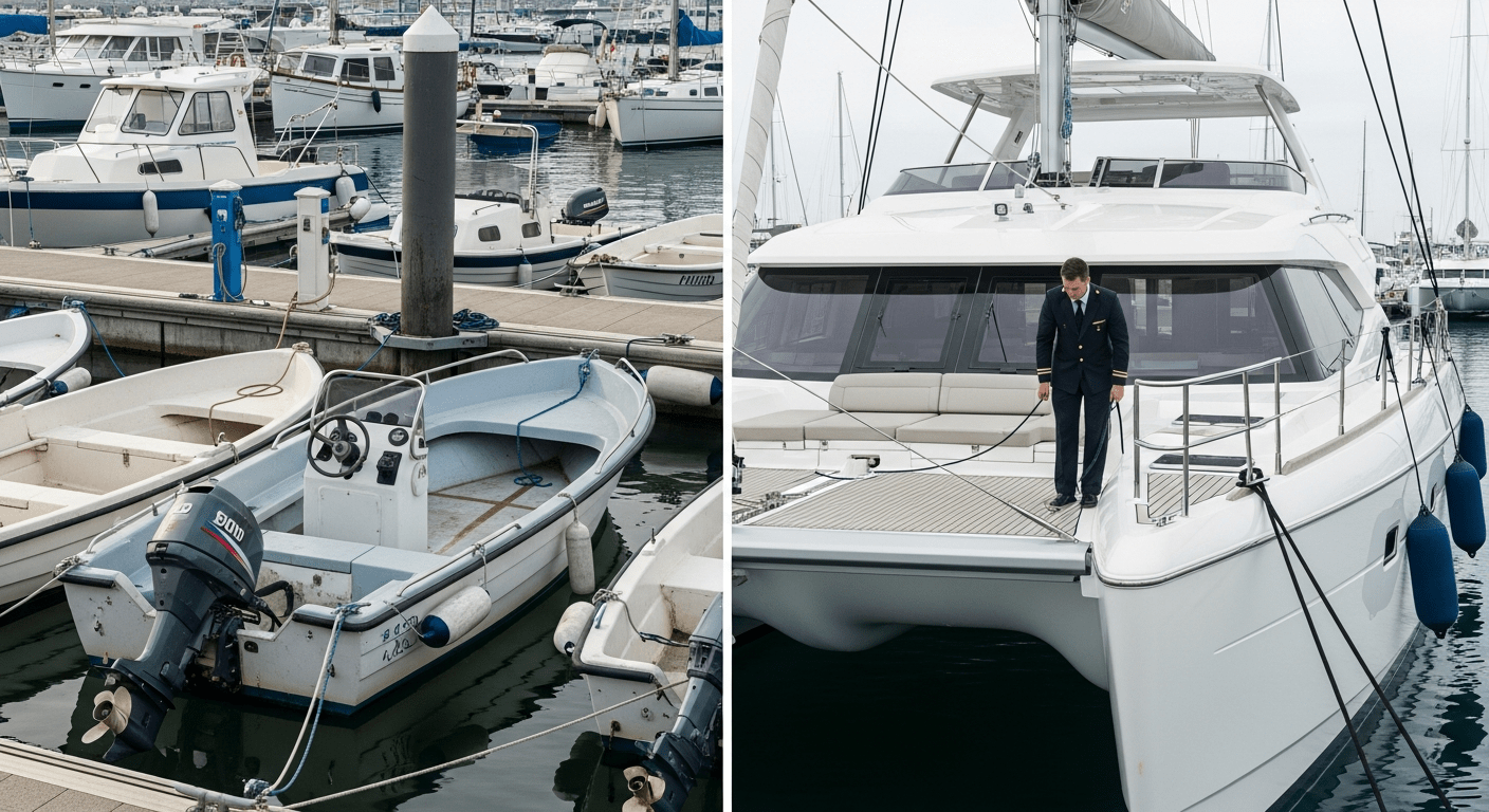 Boat Rental or Yacht Charter in Singapore – Side-by-side comparison of a small boat and a catamaran – Avelis Yachts Singapore