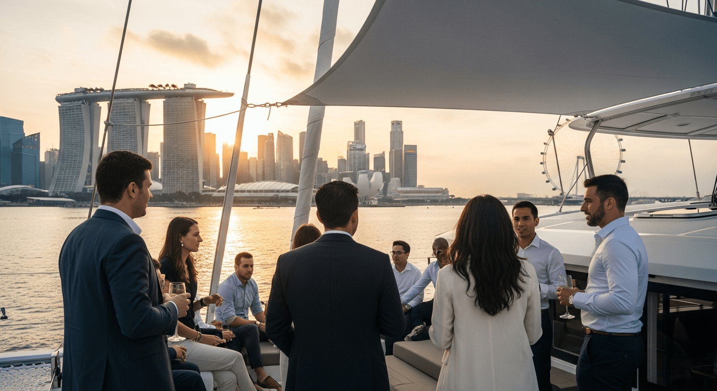 Corporate Yacht Charter in Singapore – Client drinks on deck with the CBD skyline – Avelis Yachts Singapore