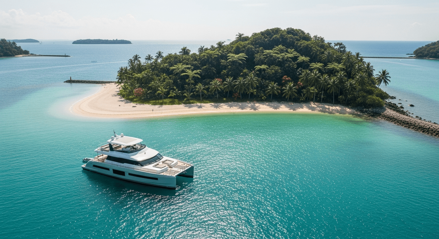 Aerial view of a luxury yacht anchored in the Lazarus Island lagoon Singapore