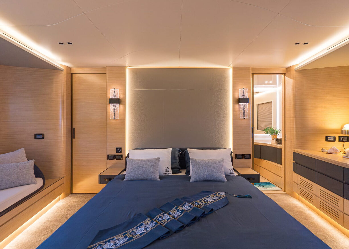The Aquitalia 68 Motor Yacht – Master cabin with full-beam windows – Avelis Yachts Singapore