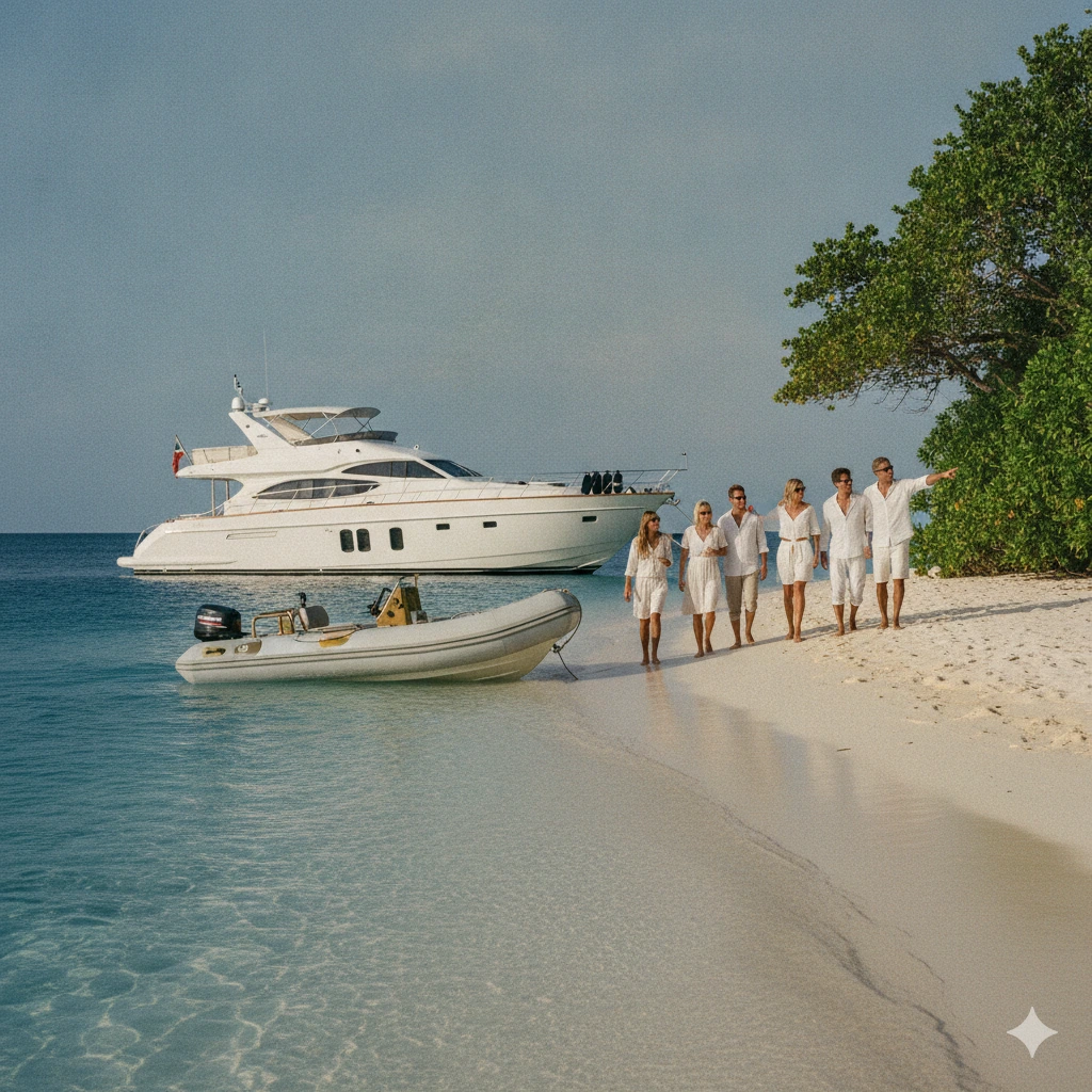 The Island Discovery – Guests going ashore by tender to a sandbar – Avelis Yachts Singapore
