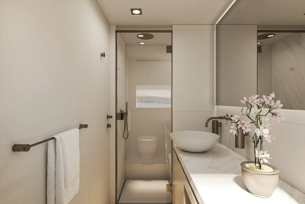 The Manda 72 Luxury Motor Yacht – Guest bathroom with walk-in shower – Avelis Yachts Singapore