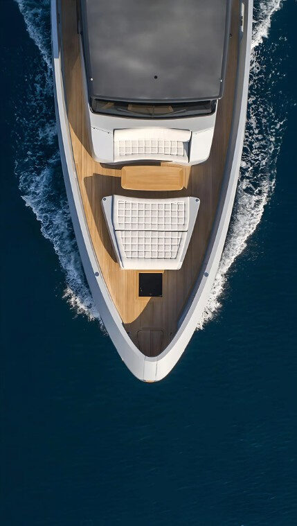 The Manda 72 Luxury Motor Yacht – Overhead view of the foredeck sunpads underway – Avelis Yachts Singapore