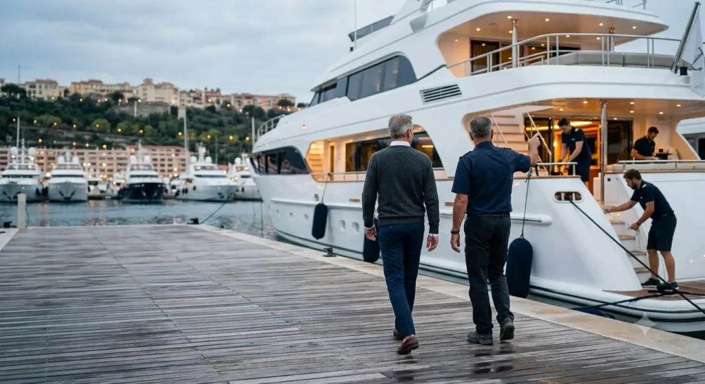 Owners walking the dock toward a superyacht – Avelis Yachts Singapore